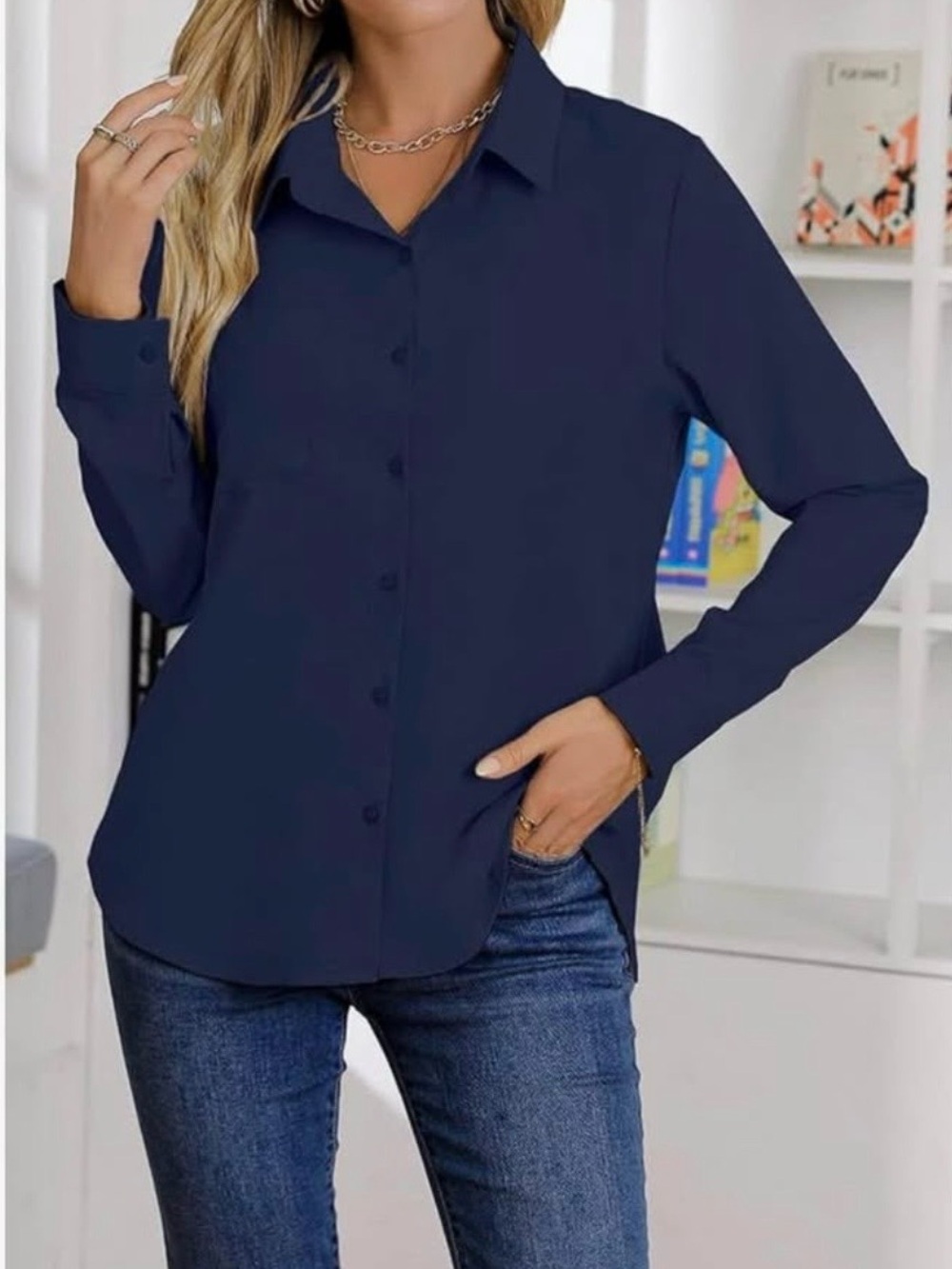 Classic Navy Button-Front Women's Shirt, Blouse